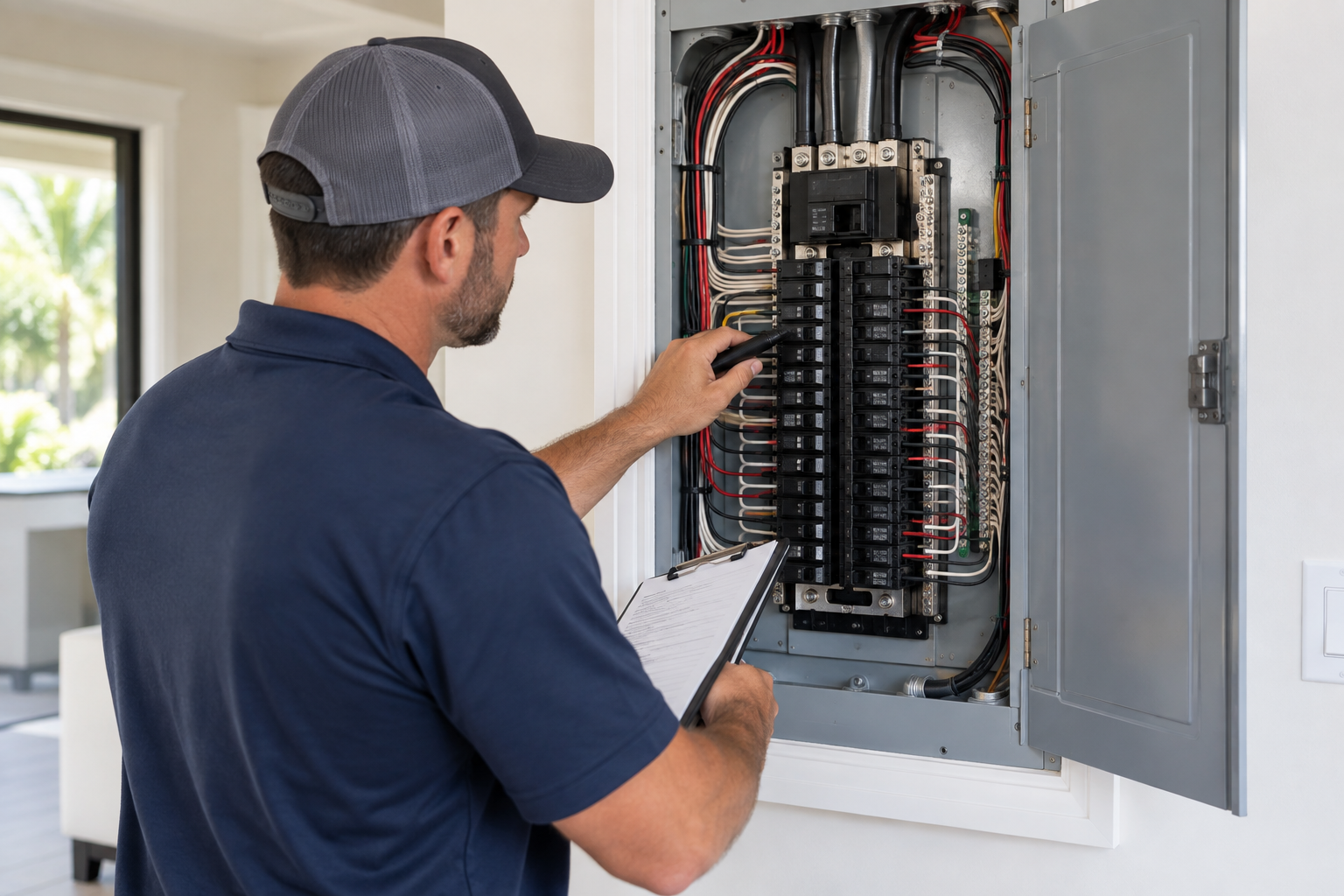 Electrician inspecting wiring inside a residential electrical panel