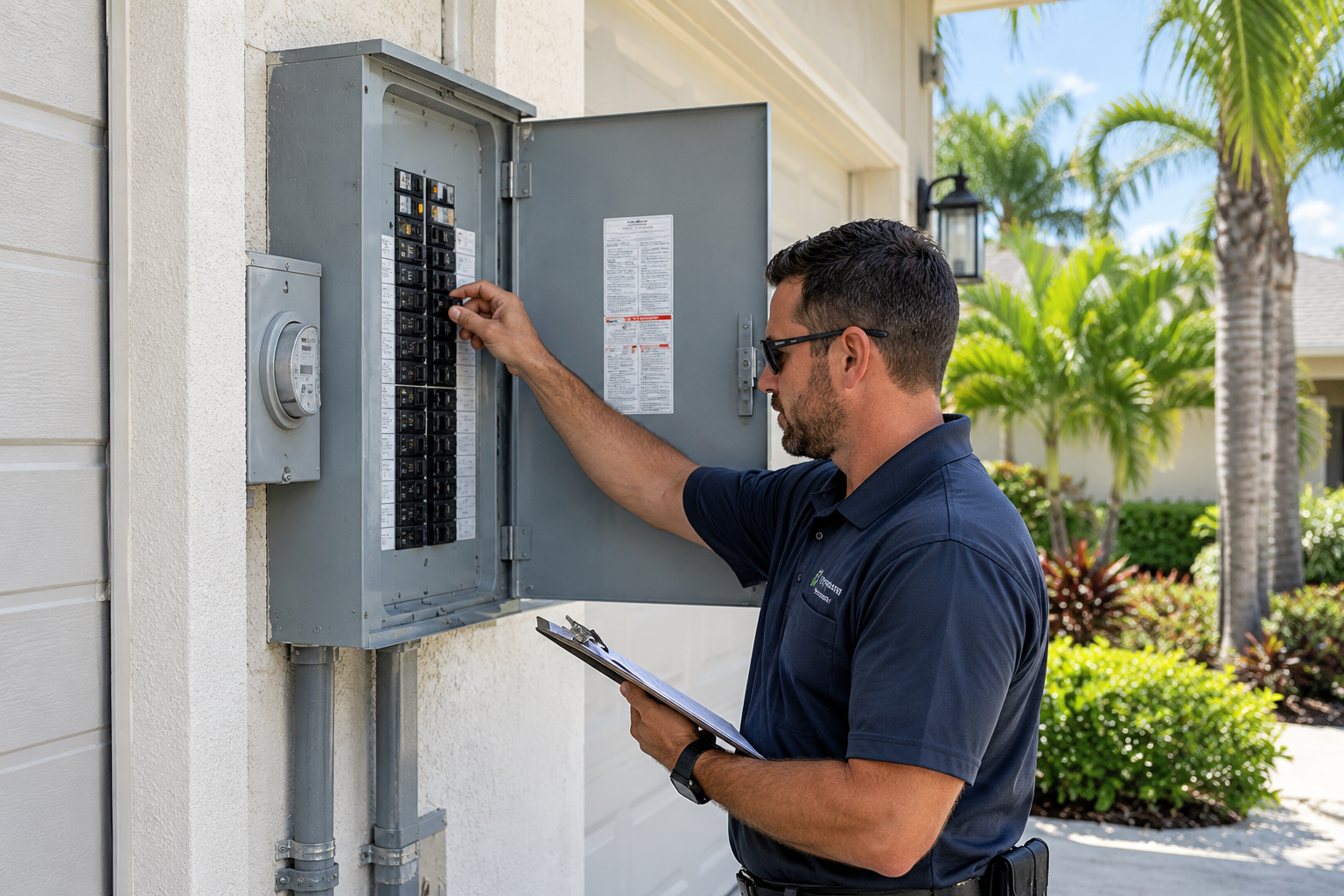 Electrician inspecting an outdoor residential electrical panel at a Florida home