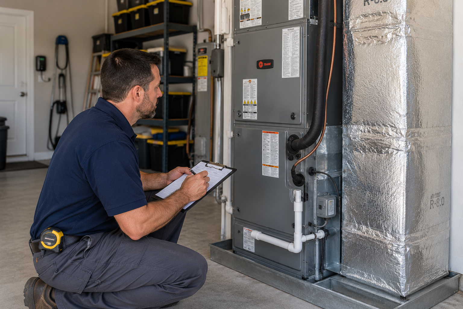 HVAC technician inspecting an indoor residential air handler in a Florida home