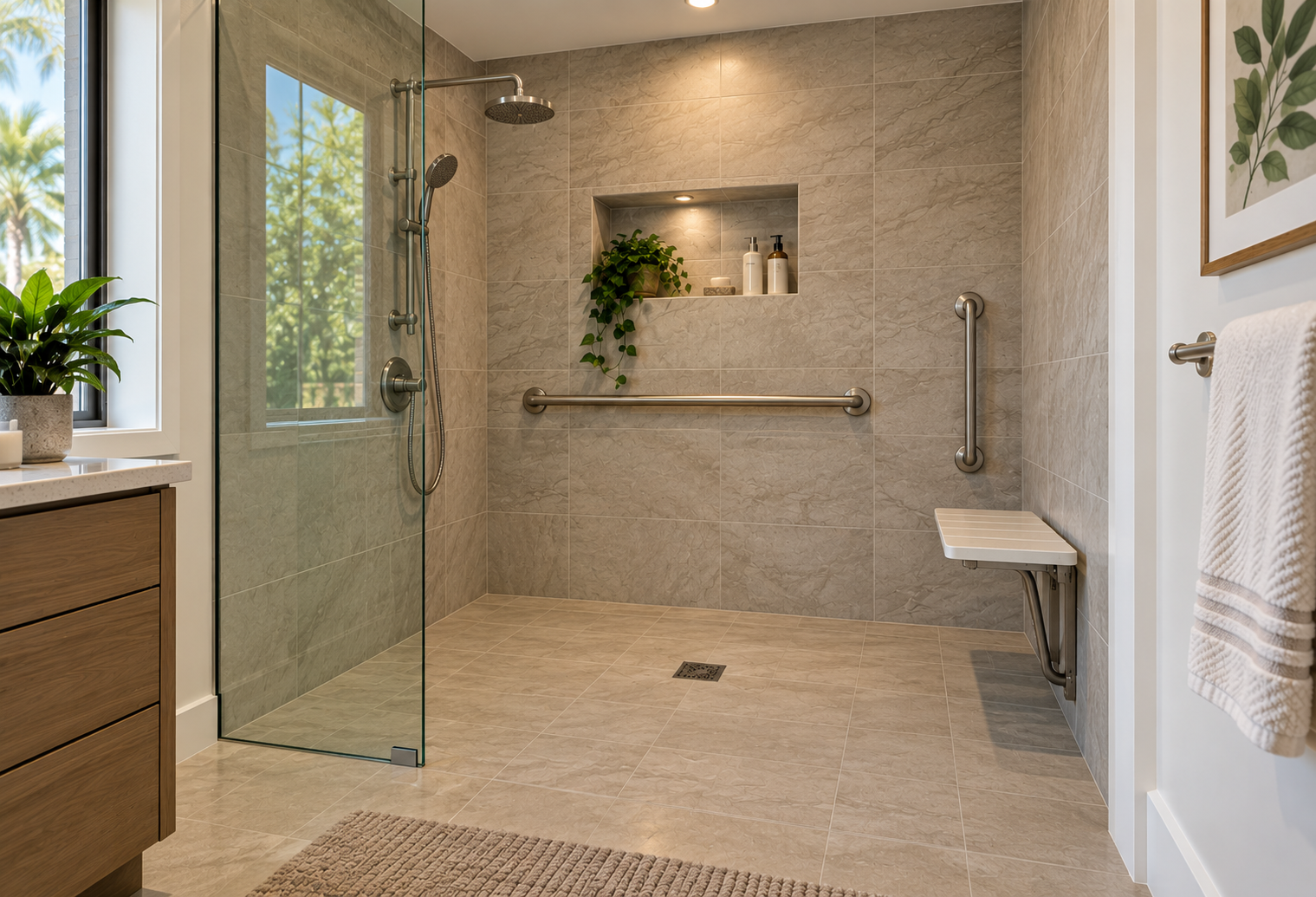 Curbless walk-in shower with grab bars, handheld shower and fold-down seat