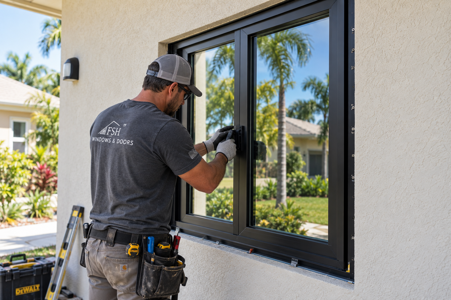 Window professional working on a black-framed window at a Florida home