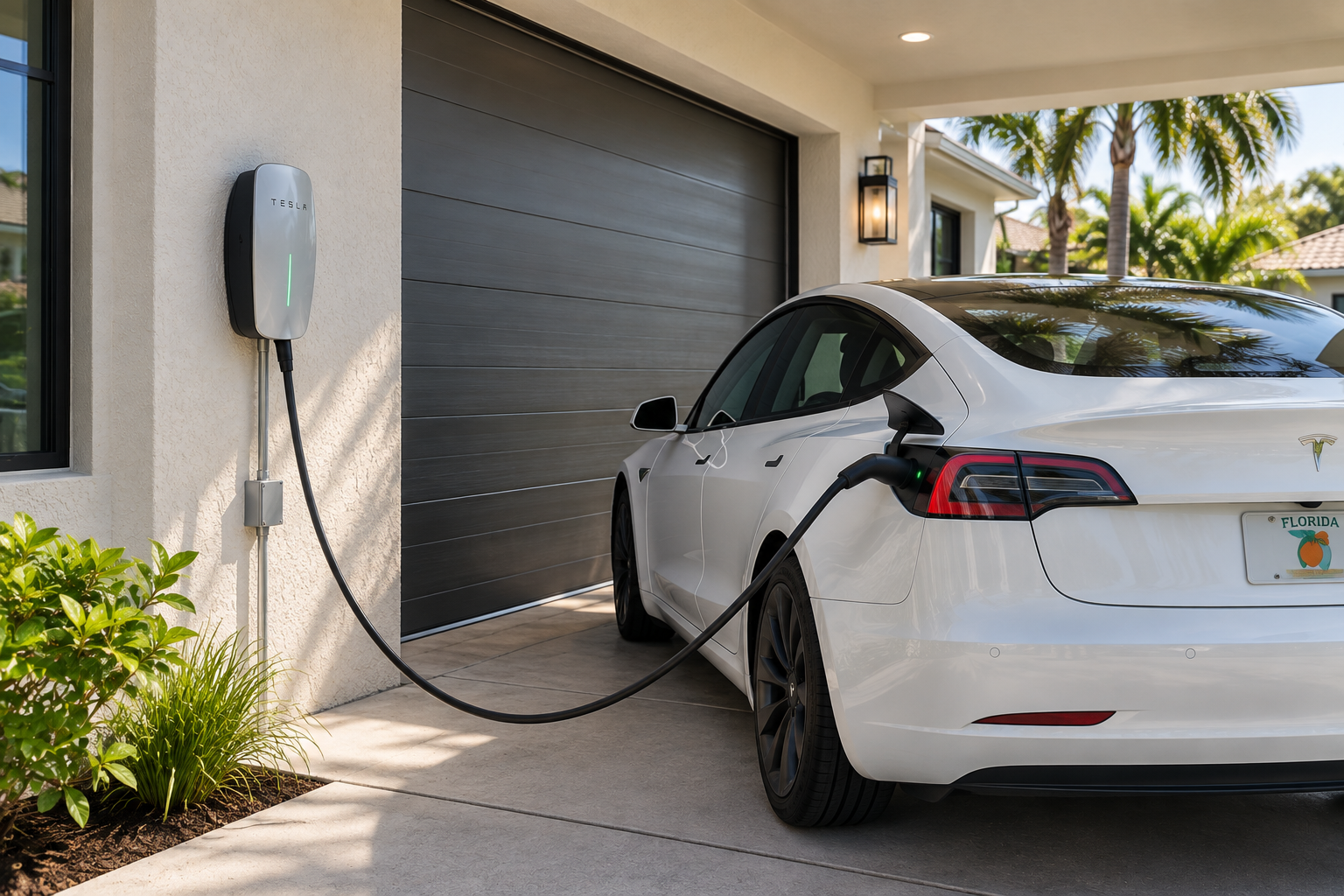 Tesla charging from a wall-mounted home EV charger at a Florida residence