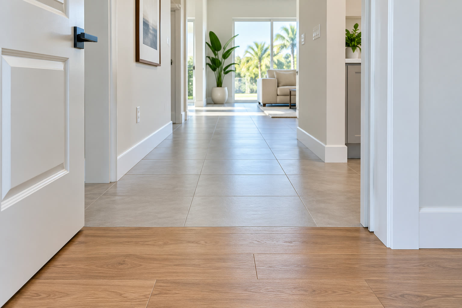 Flush, level floor transition between wood flooring and tile in a wide residential hallway doorway, with no raised threshold