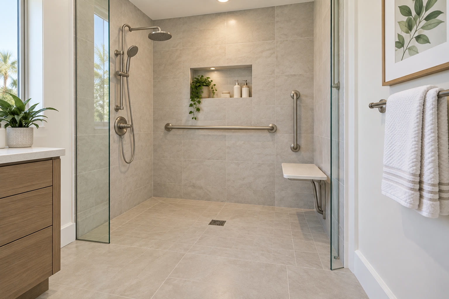 Curbless residential walk-in shower with no threshold, a flush tiled floor, grab bars, handheld sprayer and a fold-down bench seat