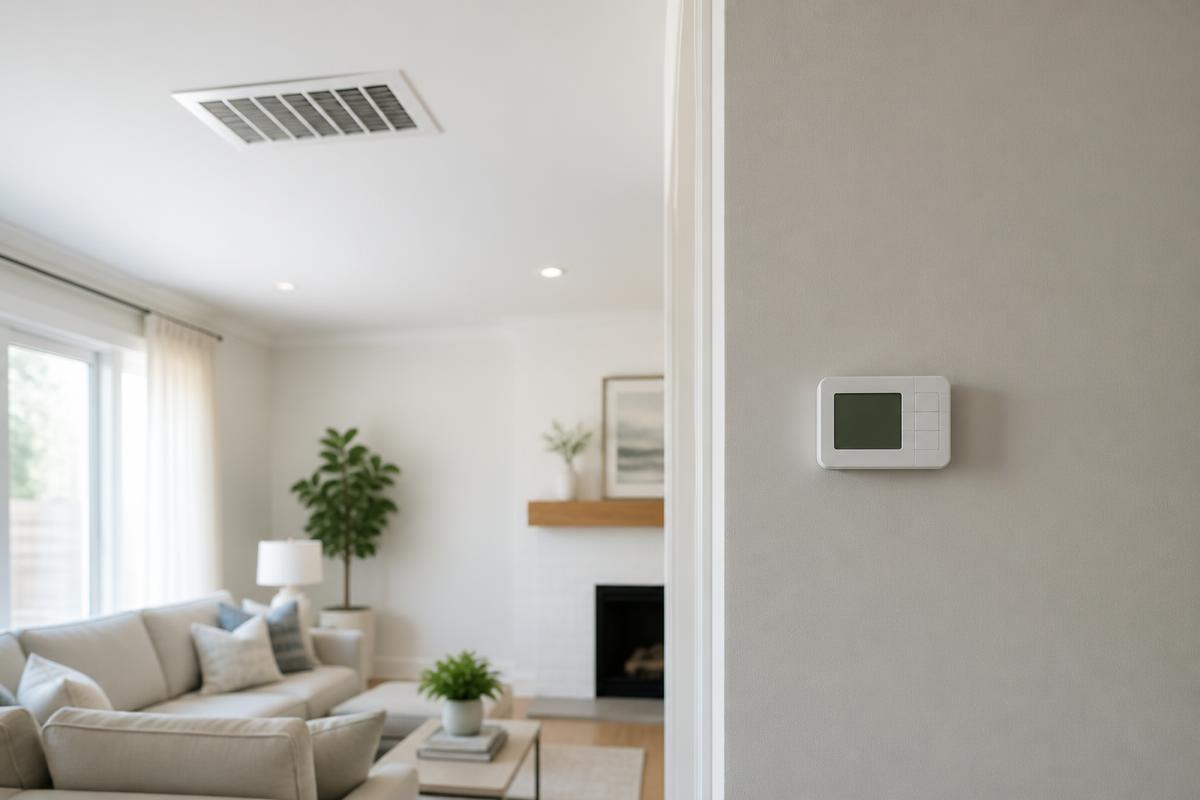Ceiling supply vent and wall thermostat in a bright residential interior