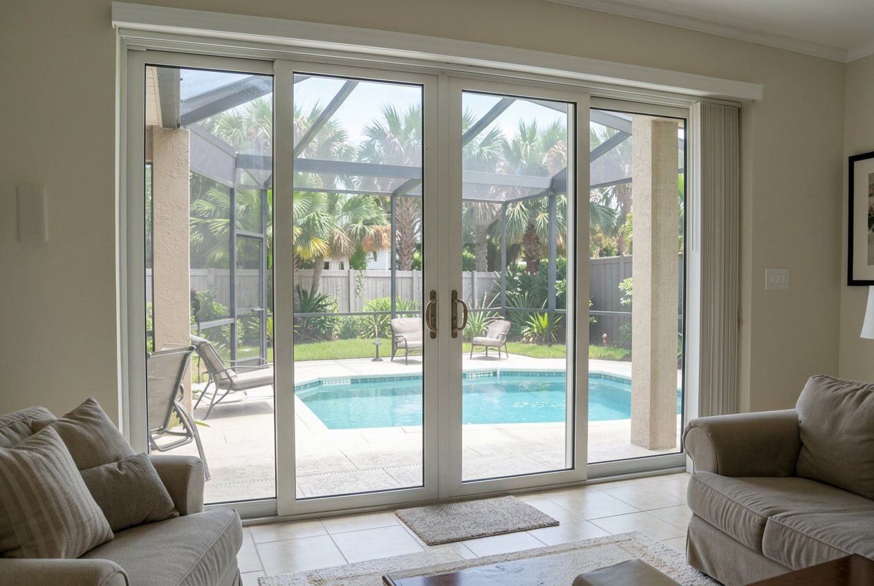 Impact sliding glass doors opening to a Florida patio