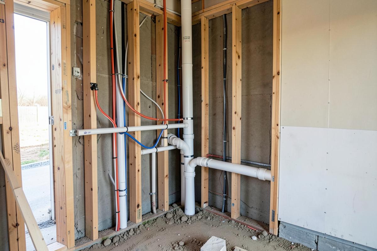 Exposed residential supply and drain piping during a bathroom plumbing project