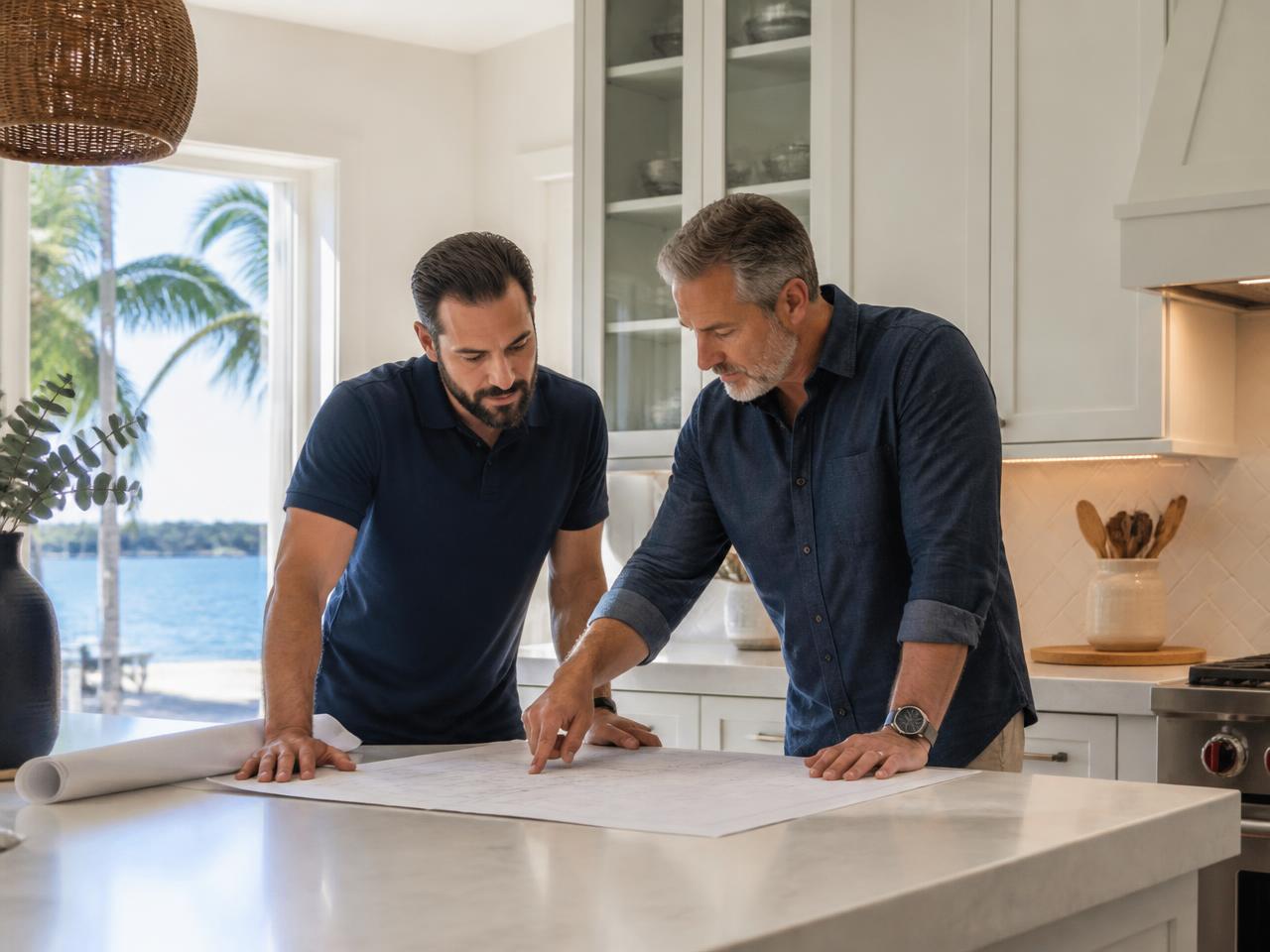 Florida home-improvement professional reviewing project plans on site
