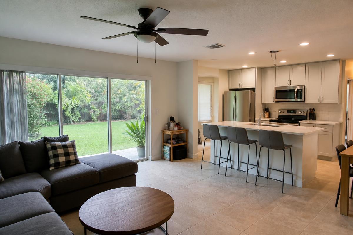 Completed open living and kitchen renovation in a Florida home with natural daylight from sliding glass doors