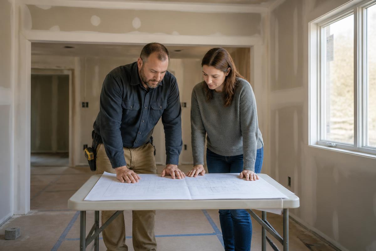 A remodeling contractor and a homeowner reviewing printed floor plans on a table inside a house under renovation