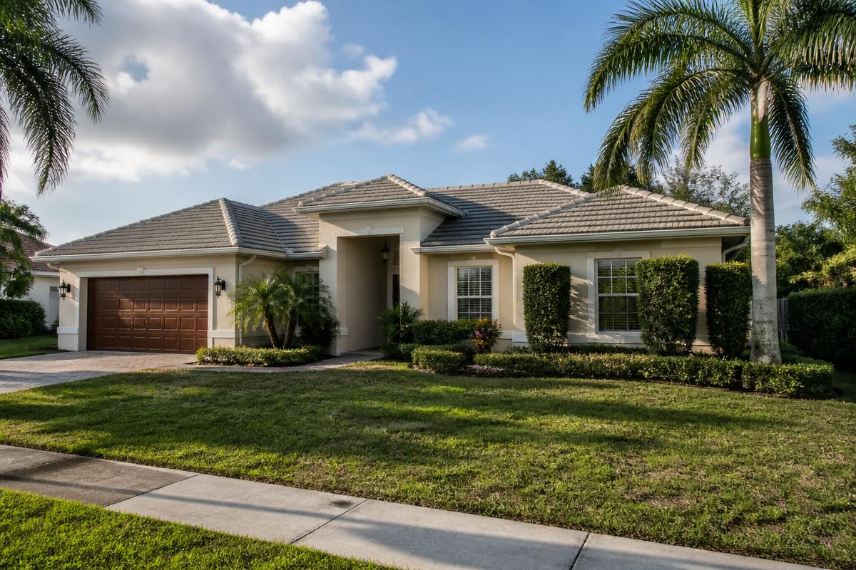 Single-story Florida stucco home with a newly completed concrete tile roof and tropical landscaping