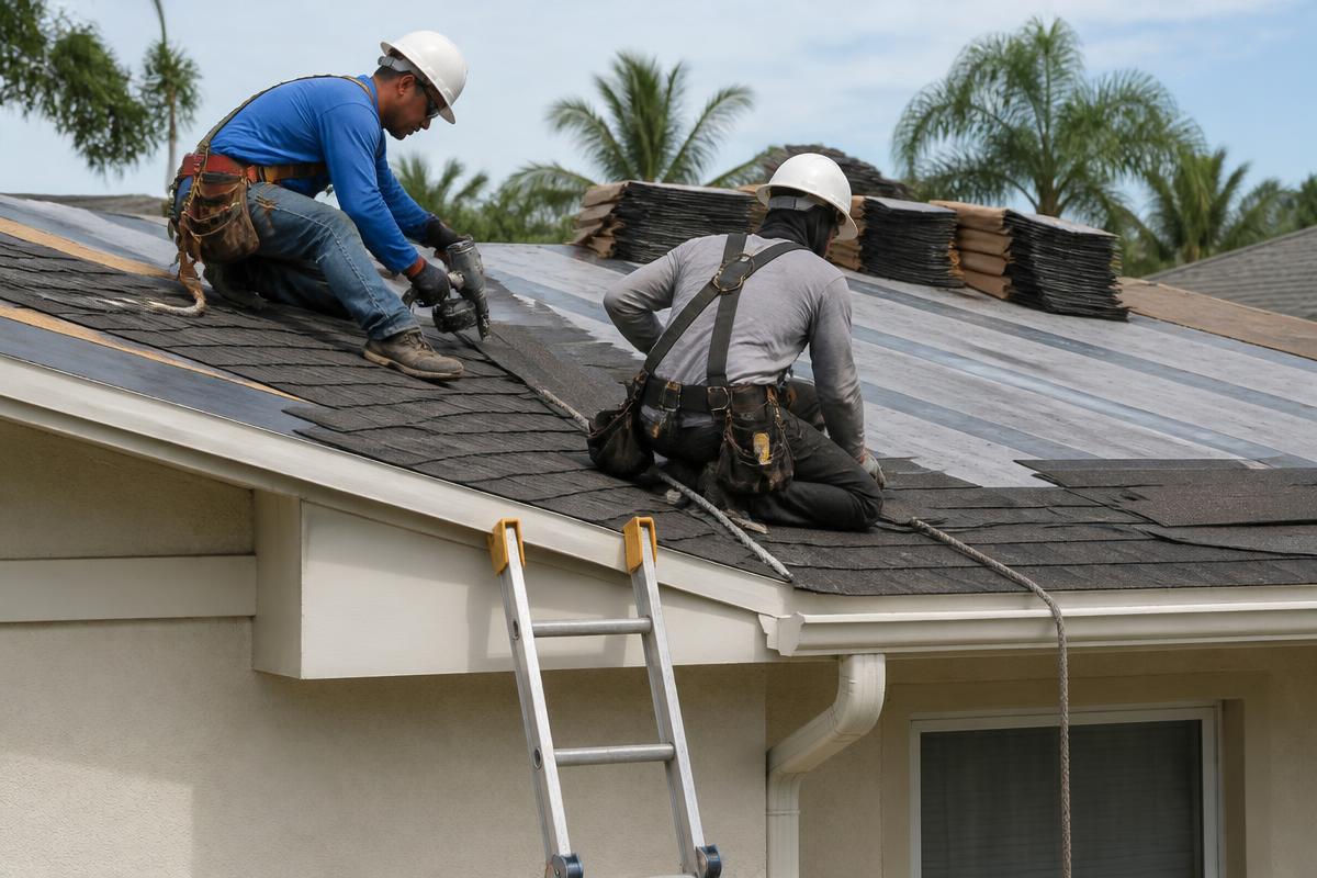 Two roofers in hard hats and harnesses installing asphalt shingles on a Florida home