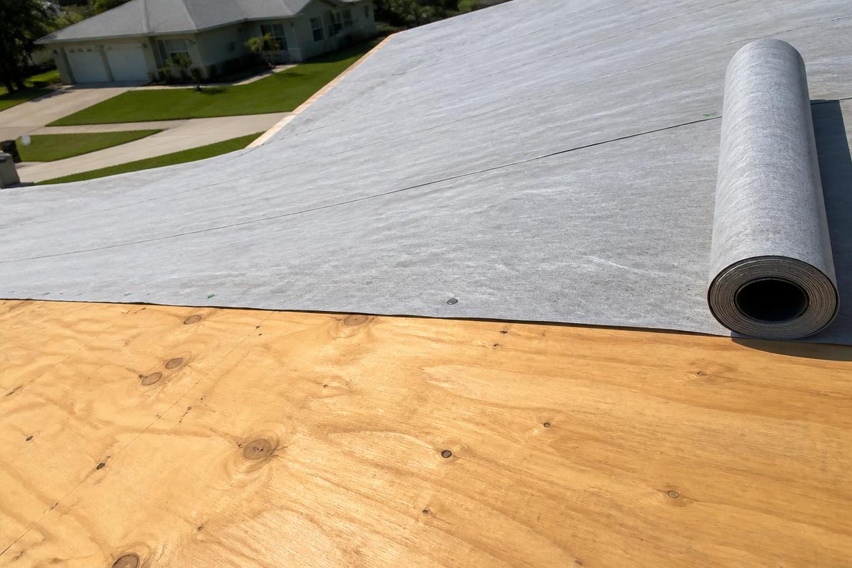 Plywood roof deck with synthetic underlayment being rolled out during a Florida re-roof