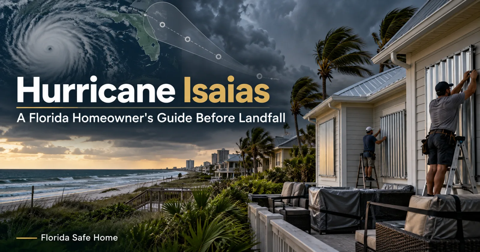 Hurricane Isaias homeowner preparedness illustration showing a Florida coastal home with workers installing storm shutters as hurricane clouds approach the Gulf Coast.